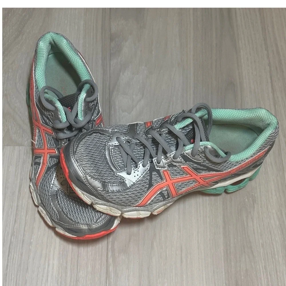 ASICS Running Shoes Womens 8.5 Gray Coral Teal Lace Up Athletic Sneakers